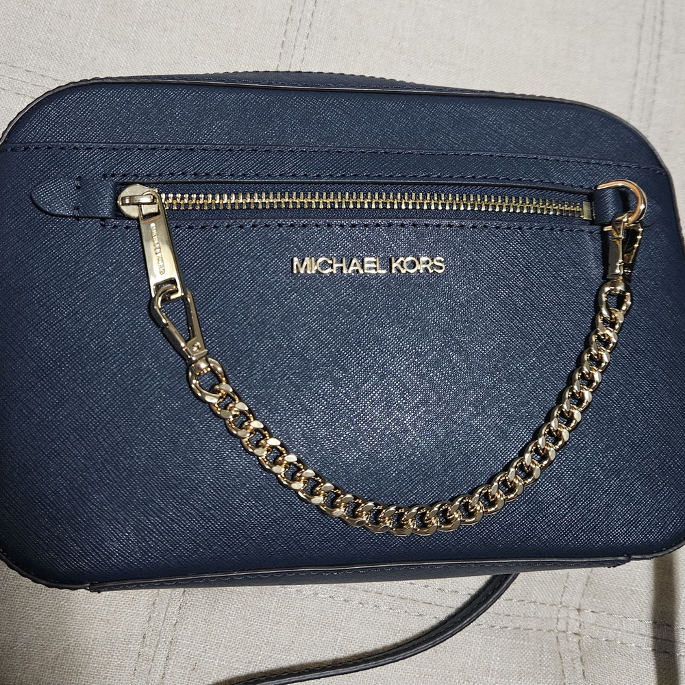 Michael Kors Dark Blue Crossbody Bag with Gold Chain